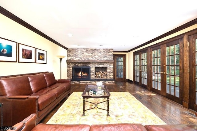 70 Friar Ln, Watchung Boro, NJ 07069 - living room with wood finished floors, ornamental molding, french doors, a brick fireplace, and baseboards