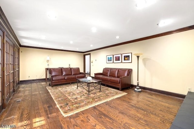 70 Friar Ln, Watchung Boro, NJ 07069 - living room featuring dark wood-style floors, baseboards, recessed lighting, and crown molding