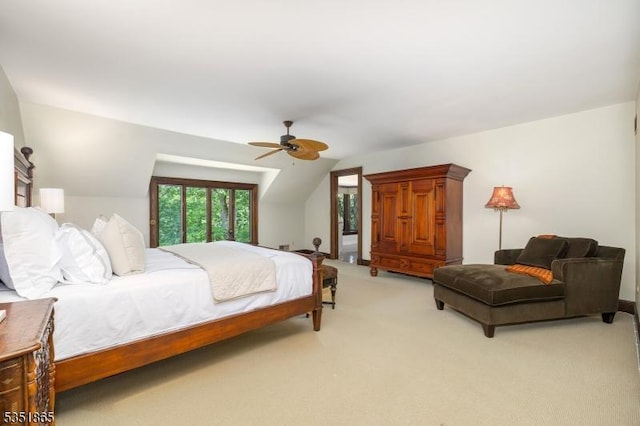 70 Friar Ln, Watchung Boro, NJ 07069 - bedroom with light colored carpet, vaulted ceiling, and a ceiling fan