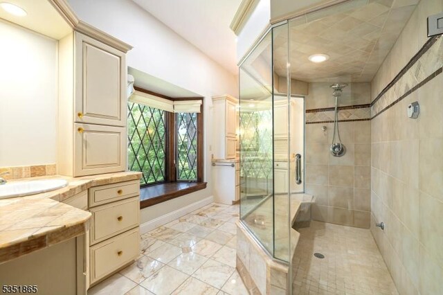 70 Friar Ln, Watchung Boro, NJ 07069 - bathroom with a stall shower, vanity, and marble finish flooring