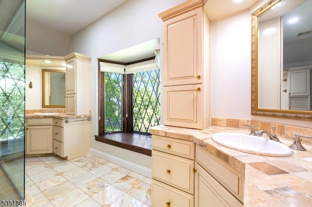 70 Friar Ln, Watchung Boro, NJ 07069 - bathroom featuring vanity, marble finish flooring, and recessed lighting
