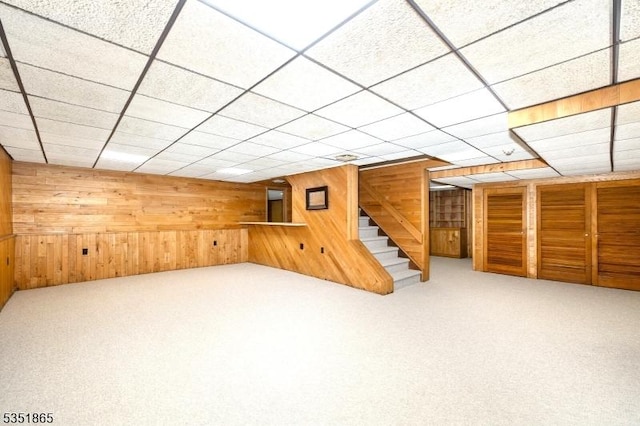 70 Friar Ln, Watchung Boro, NJ 07069 - finished below grade area with wooden walls, carpet floors, stairway, and a paneled ceiling