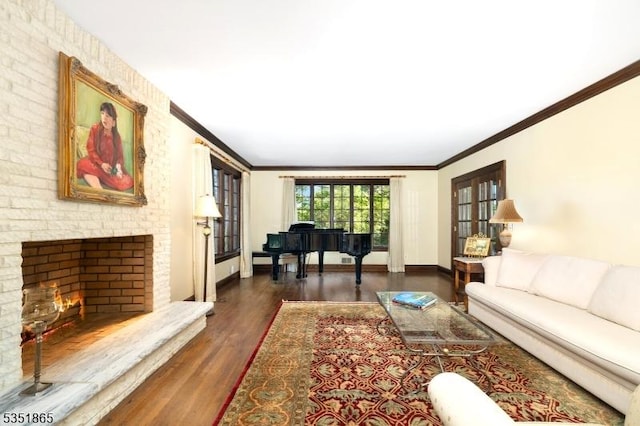 70 Friar Ln, Watchung Boro, NJ 07069 - living room with ornamental molding, wood finished floors, baseboards, and a brick fireplace