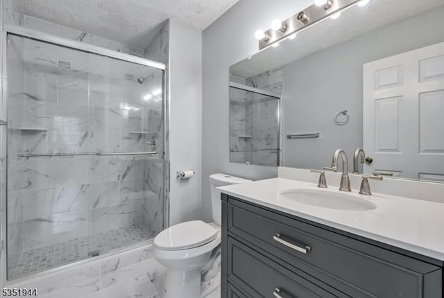 bathroom featuring marble finish floor, a textured ceiling, a marble finish shower, and toilet