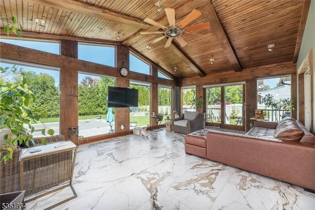 living room with marble finish floor, beam ceiling, ceiling fan, high vaulted ceiling, and wooden ceiling