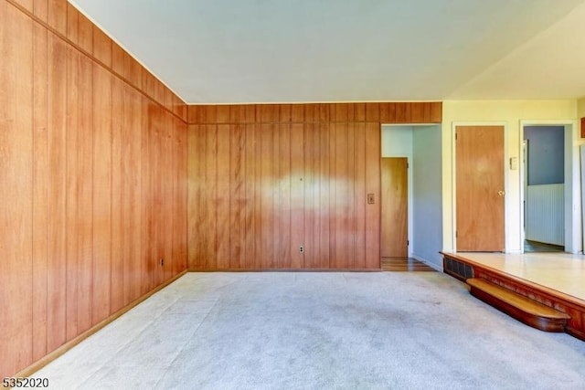 spare room featuring light colored carpet and wood walls