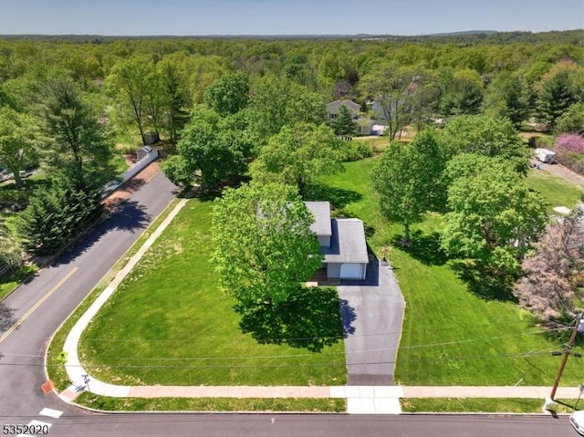 bird's eye view with a wooded view