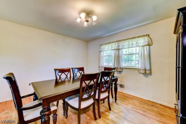 dining room featuring light wood-style floors, baseboards, and visible vents