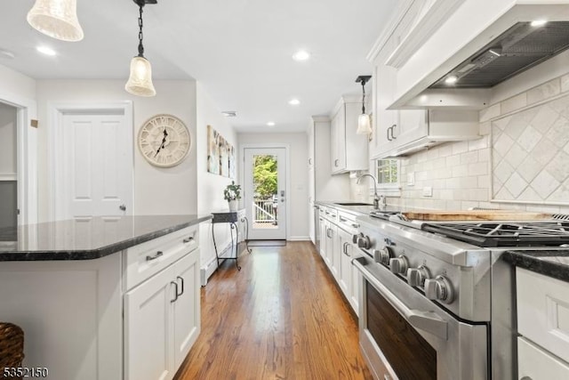 kitchen with a sink, stainless steel stove, premium range hood, white cabinetry, and backsplash
