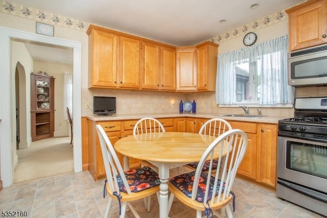 kitchen with decorative backsplash, stainless steel appliances, light countertops, and a sink