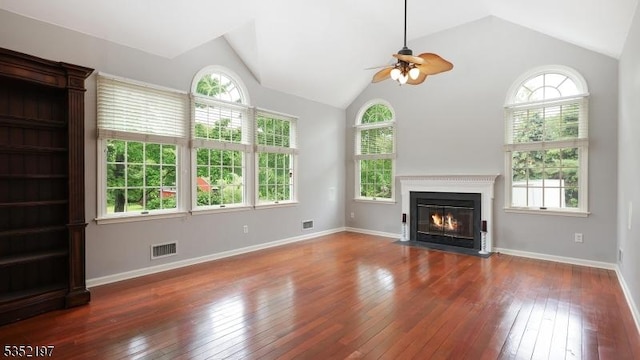 5 Dege Farm Rd, Tewksbury Twp, NJ 07830 - unfurnished living room with a ceiling fan, vaulted ceiling, wood-type flooring, a fireplace with flush hearth, and baseboards