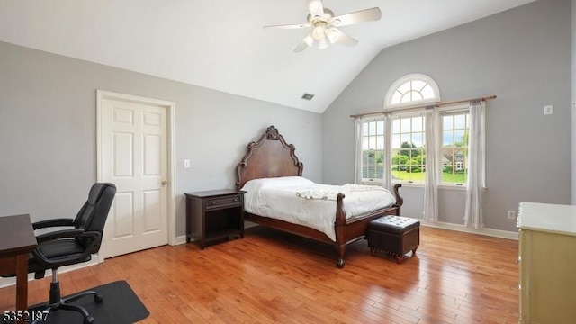 5 Dege Farm Rd, Tewksbury Twp, NJ 07830 - bedroom featuring light wood finished floors, an office area, a ceiling fan, high vaulted ceiling, and baseboards