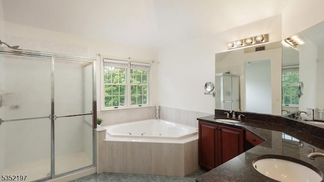 5 Dege Farm Rd, Tewksbury Twp, NJ 07830 - bathroom featuring a stall shower, double vanity, and a tub with jets