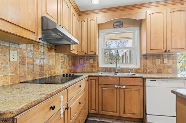 19 Tunnell Rd, Franklin Twp, NJ 08873 - kitchen featuring black electric cooktop, under cabinet range hood, dishwasher, a sink, and light stone countertops