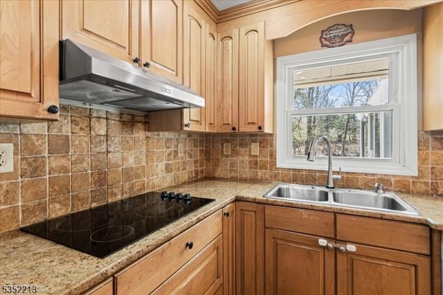 19 Tunnell Rd, Franklin Twp, NJ 08873 - kitchen featuring black electric cooktop, tasteful backsplash, under cabinet range hood, and a sink