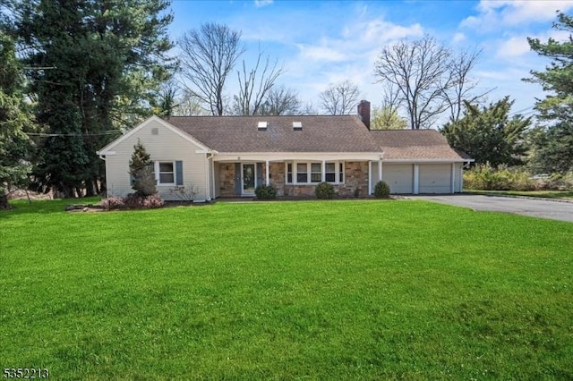 19 Tunnell Rd, Franklin Twp, NJ 08873 - ranch-style home featuring a front lawn, driveway, stone siding, a chimney, and an attached garage