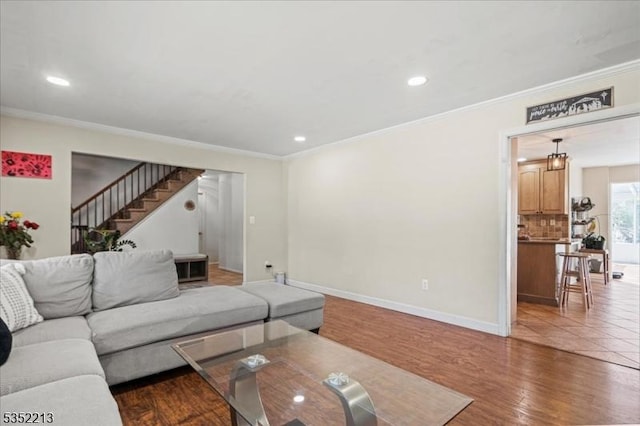 19 Tunnell Rd, Franklin Twp, NJ 08873 - living room featuring recessed lighting, stairway, baseboards, and ornamental molding