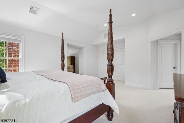 bedroom featuring vaulted ceiling, carpet flooring, recessed lighting, and baseboards