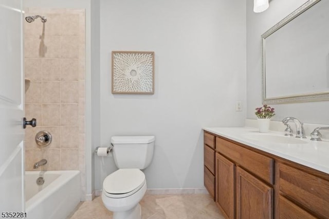 bathroom featuring vanity, toilet, shower / bath combination, tile patterned flooring, and baseboards