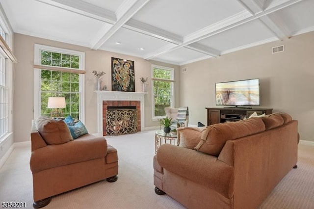 living area featuring light colored carpet, coffered ceiling, beam ceiling, baseboards, and a lit fireplace
