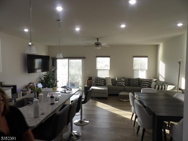 3 Sierra Pl, Sparta Twp, NJ 07871 - dining room with recessed lighting, a ceiling fan, and dark wood-style flooring