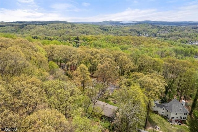 drone / aerial view featuring a forest view