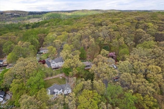 bird's eye view featuring a wooded view
