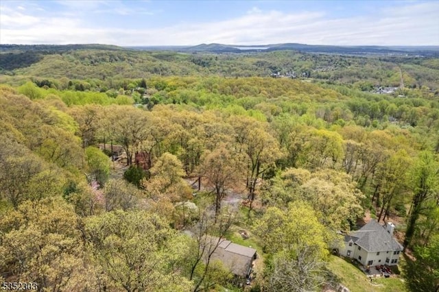 birds eye view of property featuring a forest view