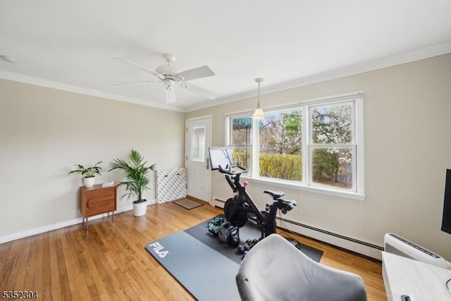 exercise area featuring crown molding, ceiling fan, light wood-style floors, baseboards, and a baseboard heating unit