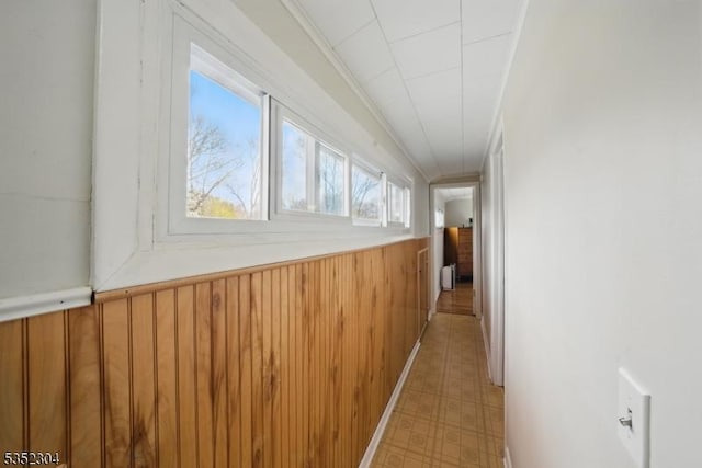 corridor featuring wainscoting and wood walls