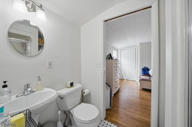 bathroom featuring a sink, toilet, and wood finished floors
