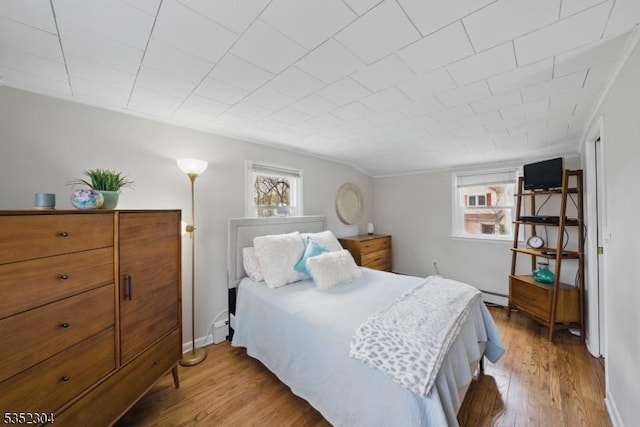 bedroom featuring baseboards, multiple windows, wood finished floors, and a baseboard radiator