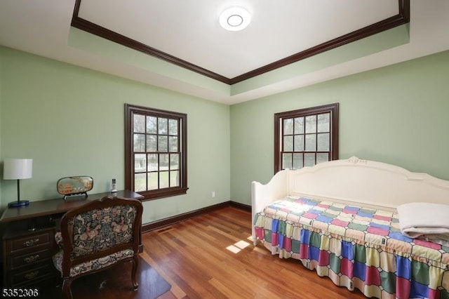 82 Queen Anne Dr, Bernards Twp, NJ 07920 - bedroom with baseboards, wood finished floors, a tray ceiling, and ornamental molding
