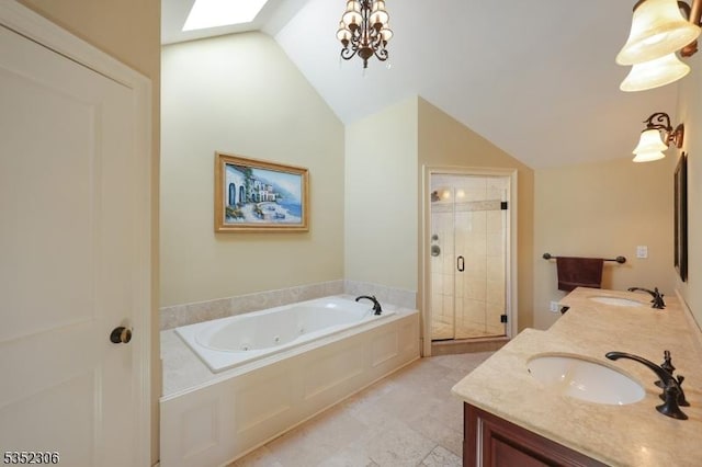 82 Queen Anne Dr, Bernards Twp, NJ 07920 - full bath with a shower stall, a tub with jets, vaulted ceiling with skylight, and a sink