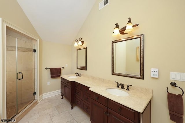 82 Queen Anne Dr, Bernards Twp, NJ 07920 - bathroom featuring lofted ceiling, visible vents, a stall shower, and a sink