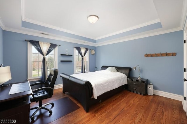 82 Queen Anne Dr, Bernards Twp, NJ 07920 - bedroom featuring baseboards, wood finished floors, a tray ceiling, and visible vents