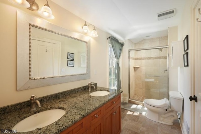 82 Queen Anne Dr, Bernards Twp, NJ 07920 - bathroom with visible vents, toilet, a stall shower, and a sink