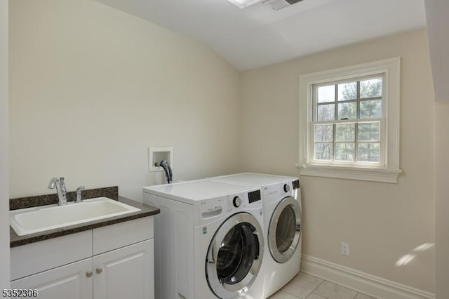 82 Queen Anne Dr, Bernards Twp, NJ 07920 - laundry room with a sink, light tile patterned flooring, baseboards, cabinet space, and washer and dryer