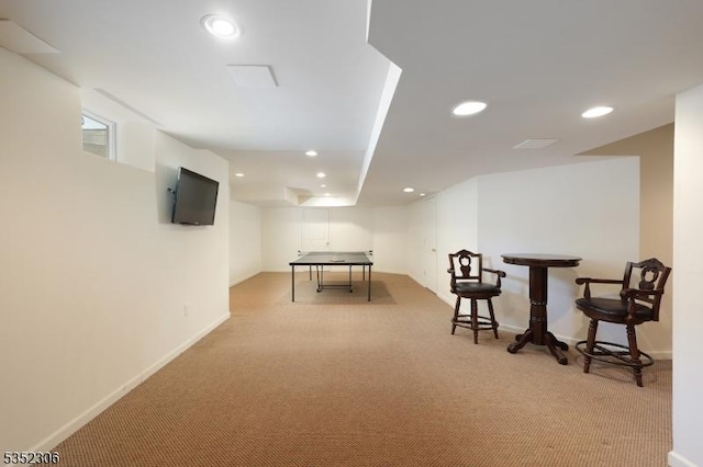82 Queen Anne Dr, Bernards Twp, NJ 07920 - recreation room with light carpet, baseboards, and recessed lighting