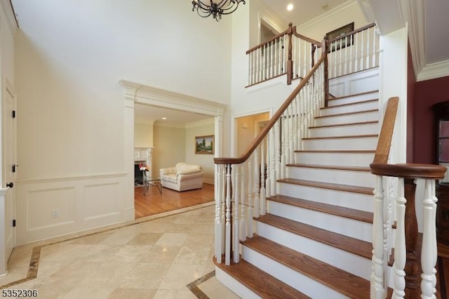 82 Queen Anne Dr, Bernards Twp, NJ 07920 - staircase with a high ceiling, recessed lighting, and crown molding