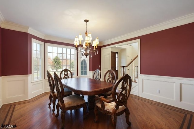 82 Queen Anne Dr, Bernards Twp, NJ 07920 - dining area featuring a wainscoted wall, wood finished floors, an inviting chandelier, and a decorative wall
