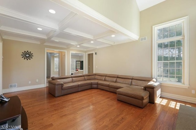 82 Queen Anne Dr, Bernards Twp, NJ 07920 - living room with baseboards, beamed ceiling, wood finished floors, and visible vents