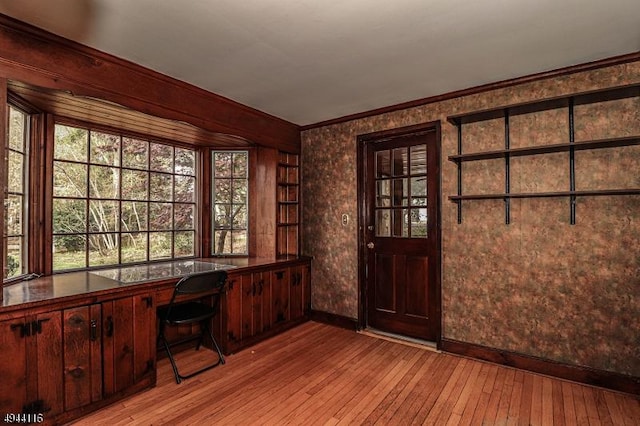 1775 Sleepy Hollow Ln, Plainfield City, NJ 07060 - home office featuring baseboards, light wood finished floors, ornamental molding, and wallpapered walls