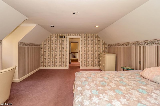 1775 Sleepy Hollow Ln, Plainfield City, NJ 07060 - bedroom with wallpapered walls, vaulted ceiling, baseboards, carpet flooring, and recessed lighting