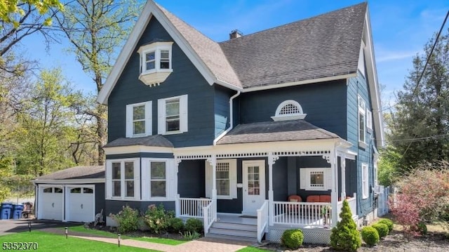 victorian house featuring a porch, an attached garage, and roof with shingles