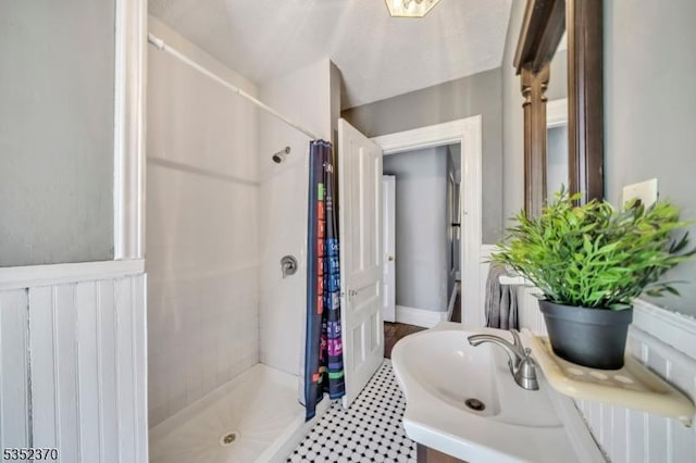 full bath with vanity, a stall shower, and a wainscoted wall