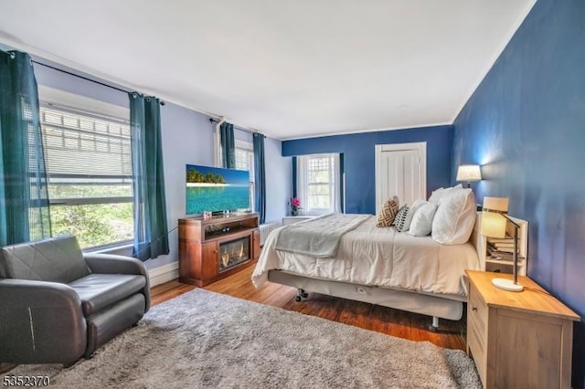 bedroom featuring radiator heating unit and wood finished floors