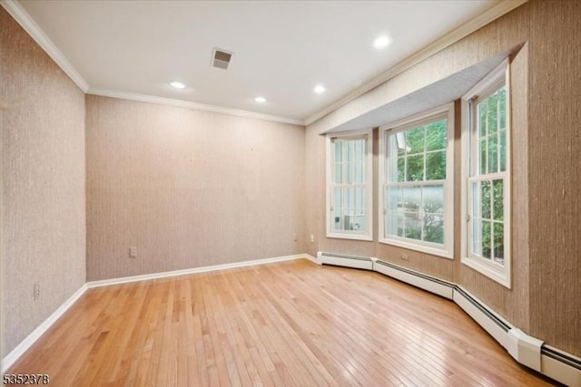 unfurnished room featuring wood-type flooring, crown molding, a baseboard radiator, baseboards, and recessed lighting