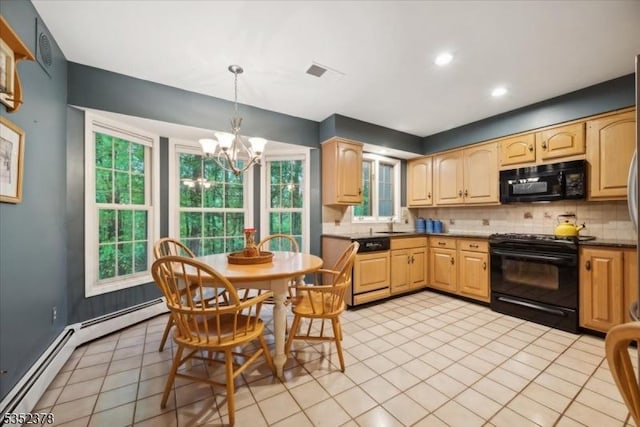 kitchen with black appliances, decorative backsplash, a chandelier, light tile patterned floors, and healthy amount of natural light