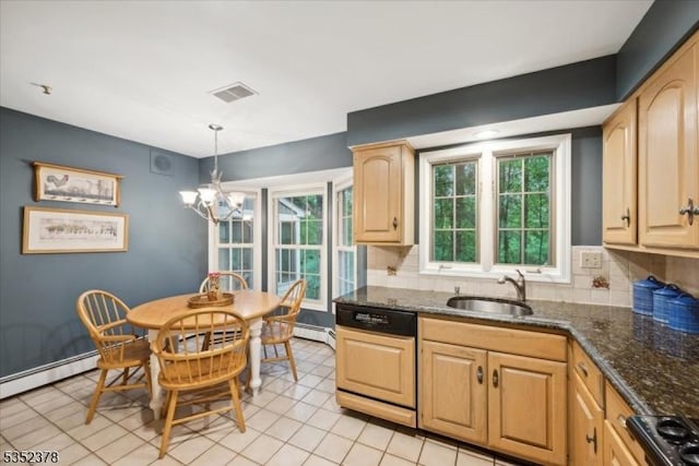 kitchen featuring paneled dishwasher, a sink, a chandelier, backsplash, and light brown cabinets